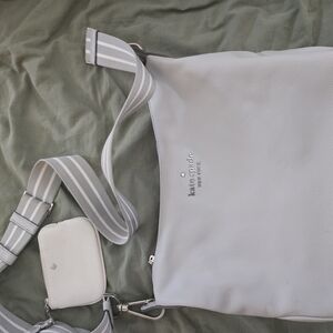 kate spade pale gray leather shoulder bag with striped strap